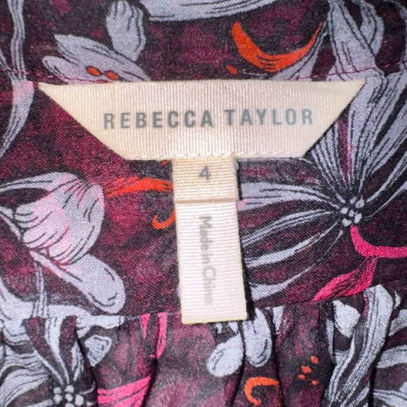 Rebecca Taylor 100% Silk Sheer Magenta Floral Print Blouse Sz 4 Feminine - Picture 2 of 8